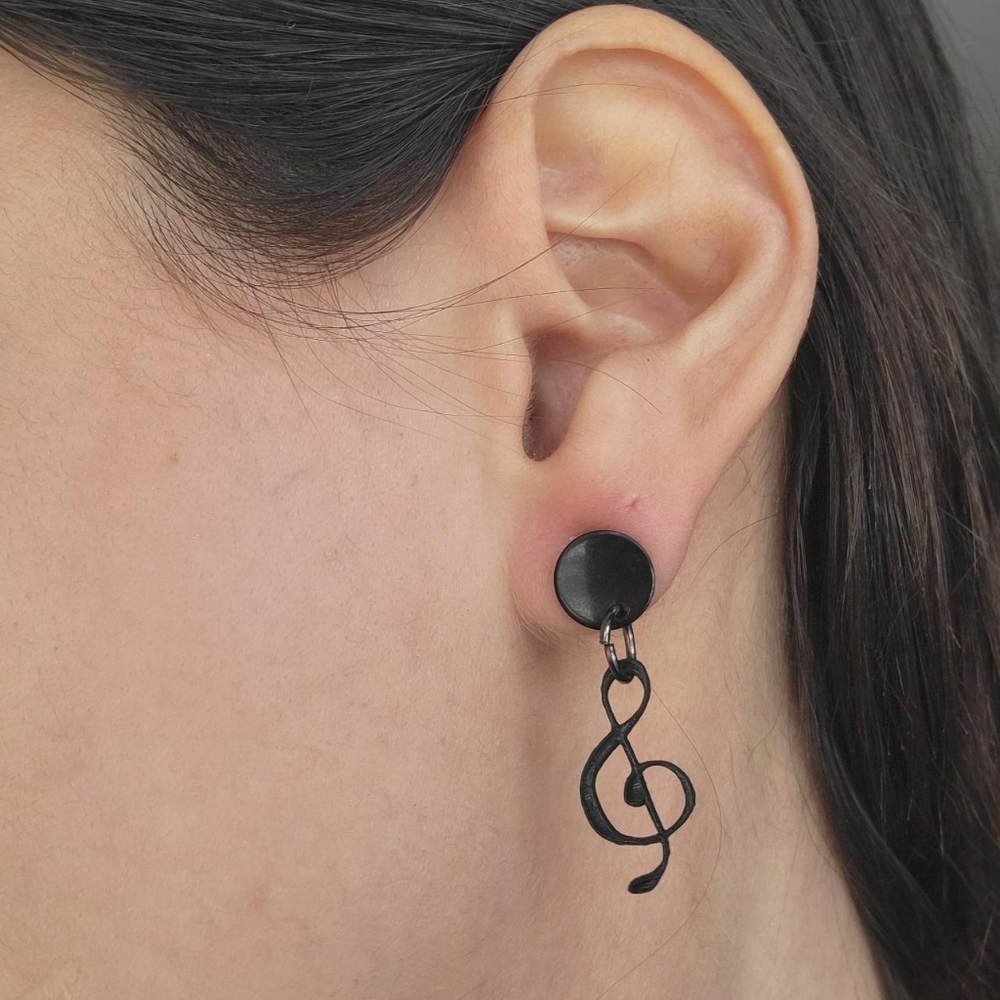 Handmade Treble Clef Musical Note Hand Cut Vinyl Black Dangle Drop Stud Earrings